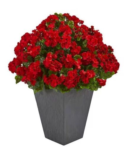 Nearly Natural Indoor/Outdoor UV Resistant Red Geranium Artificial Plant in Slate Plater - Lot 241