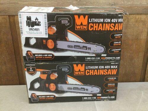 Lot of (2) WEN 40417 40V Max Lithium Ion 16-Inch Brushless Chainsaw with 4Ah Battery and Charger - Lot 398