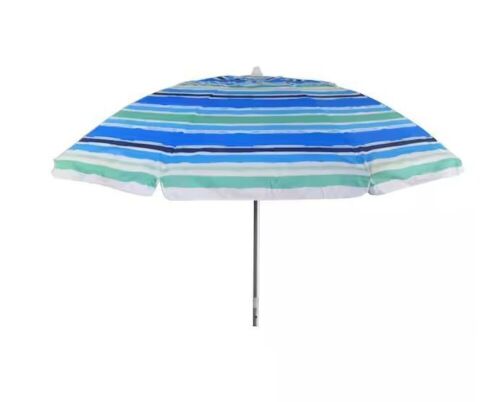 7 ft. Aluminum Push-Up Beach Umbrella in Blue Brush Stroke Stripes - Lot 497