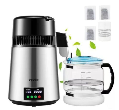 VEVOR 1.1Gal. Water Distiller 0.3Gal./H Distilled Water Maker Machine 750W 0-99H Timing Setting Temp Display Distiller, Silver - Lot 739
