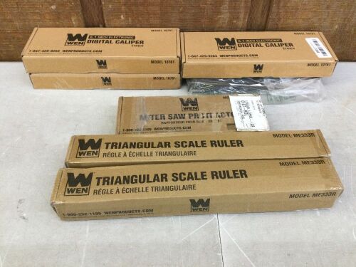 Lot of (4) Digital Caliper, (2) Triangular Scale Ruler, (1) Miter Saw Protractor  - Lot 434