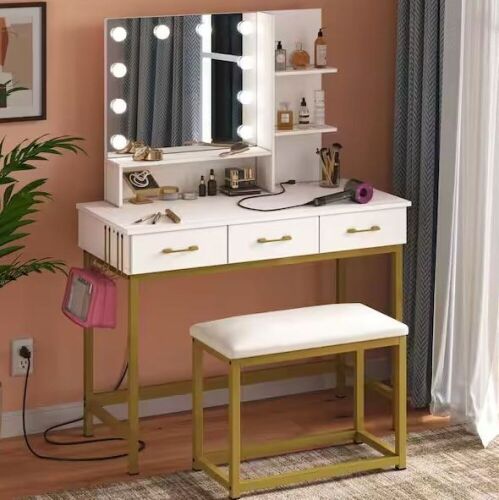 Bestier 3-Drawers White Wood LED Light Makeup Vanity Sets with Hooks and Built-in Outlets - Lot 85