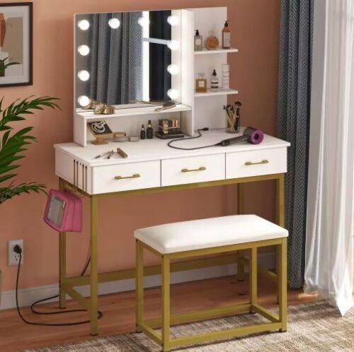 Bestier 3-Drawers White Wood LED Light Makeup Vanity Sets with Hooks and Built-in Outlets - Lot 88