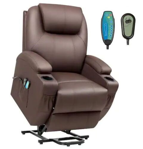 LACOO Big and Tall Brown Power Lift Recliner Chair with Massage and Heat, Side Pockets and Cup Holders - Lot 67