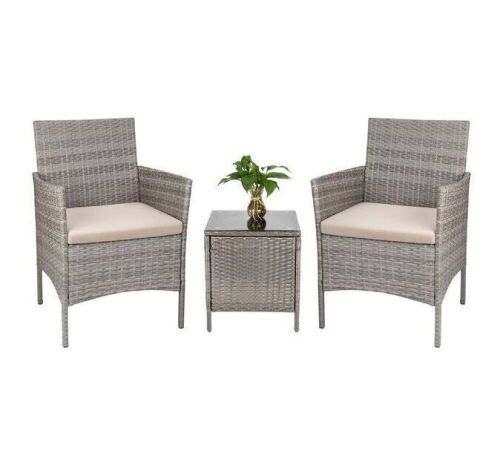 Gray 3-Piece Rattan Outdoor Conversation Set with Beige Cushions - Lot 202