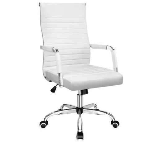 White Ribbed Office Mid-Back PU Leather Executive Task Chair with Arms - Lot 242