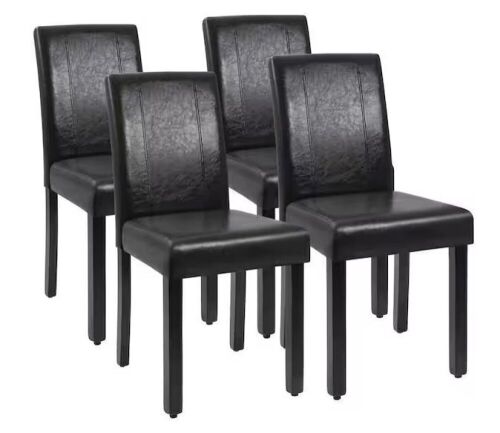 Black Dining Chairs PU Leather with Solid Wood Legs, Set of 4 - Lot 96