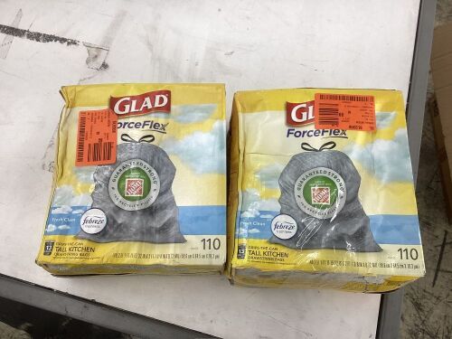 Lot of (2) Glad ForceFlex 13 Gal. Tall Kitchen Drawstring Fresh Clean Scent with Febreze Freshness Trash Bags, 110 ct - Water Damaged Boxes - Lot 725