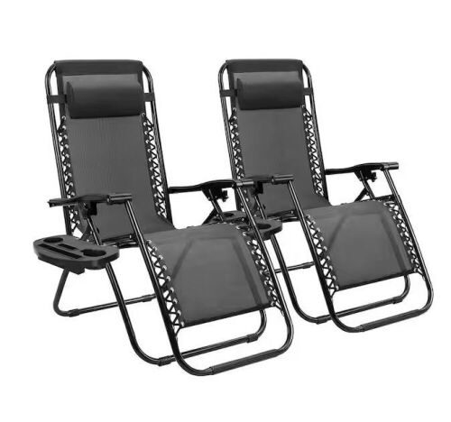 Zero Gravity Black Metal Lawn Chair with Pillows and Cup Holders, Set of 2  - Lot 623