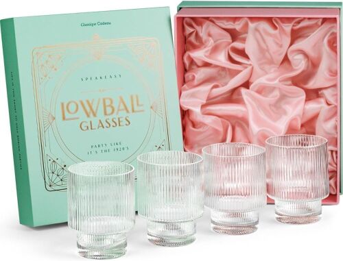 GLASSIQUE CADEAU Vintage Art Deco Ribbed Lowball Cocktail Glasses 12oz, Set of 4  - Lot 736