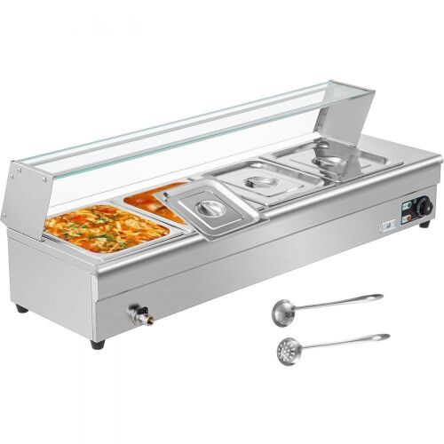 VEVOR 44 Qt Electric Bain Marie Stainless Steel Steam Table with Tempered Glass Shield, 6" Deep Pans, 1500W  - Lot 32