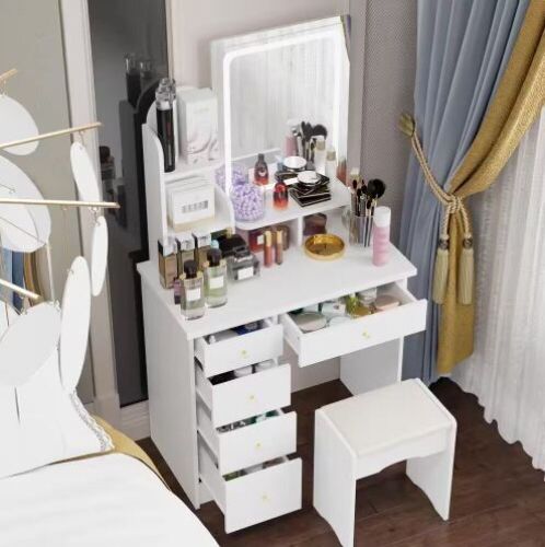 5-Drawers White Makeup Vanity Dressing Table Sets With Stool, Mirror, LED Light and 3-Tier Storage Shelves  - Lot 70
