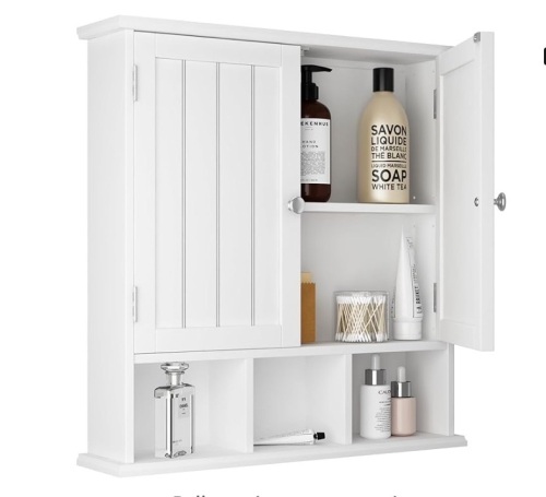 ChooChoo Bathroom Cabinet Wall Mounted 2-Door with 3 Open Shelves, Wooden Medicine Cabinets with Adjustable Shelf - Lot 184