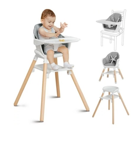 Wooden Baby High Chair, 11 in 1 Convertible Chair for High Chair, Booster Seat, Toddler Chair, for 2 Babies Use Together, Double Tray Highchair with 5-Point Harness & Clean Easily PU Cushion - Lot 196