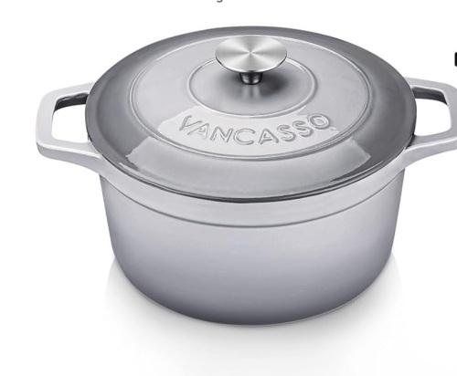 vancasso Enameled Cast Iron, 4.5 QT Grey Round Naturally Non-Stick Enameled Cast Iron Dutch Oven, with Stainless Steel Knob Lid Heavy Duty Cast Iron Casserole for All Hob Types - Lot 232