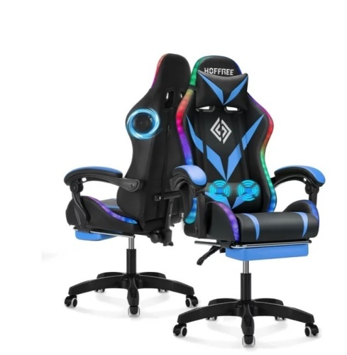 Hoffree Gaming Chair with Speakers Office Chair with Footrest and LED Lights Ergonomic Gaming Chairs High Back with Lumbar Support and Headrest Adjustable Swivel - Lot 252
