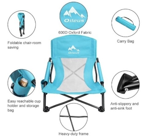 Oileus Low Beach Chair for Beach Tent/Shelter/Camping/Outdoor Ultralight Backpacking Folding Recliner Chairs with Cup Holder/Storage Bag, Carry Bag, Breeze Mesh Back - Lot 285