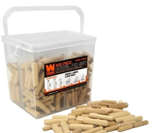 WEN JN400D 400-Piece Fluted Dowel Pin Variety Bucket with 1/4, 5/16, and 3/8-inch Woodworking Dowels - Lot 332
