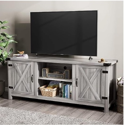 YESHOMY Modern Farmhouse TV Stand with Two Barn Doors and Storage Cabinets for Televisions up to 65+ Inch, Entertainment Center Console Table, Media Furniture for Living Room, 58 Inch, Gray Wash - Lot 394