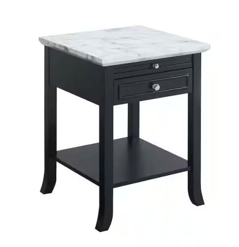 American Heritage White Faux Marble and Black Logan End Table with Drawer and Slide  - Lot 394