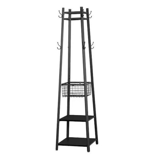 VECELO Black Industrial Coat Rack Freestanding with Metal Basket and 2-Shelves, 8-Dual Hooks  - Lot 414