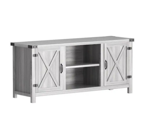 58 in. Farmhouse Gray Wash TV Stand Fits TV's up to 65 in. with Cabinets and Adjustable Shelves - Lot 83