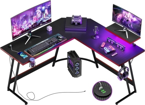 L Shaped Gaming Desk with LED Lights & Power Outlet, Cup Holder & Headphone Hook, Black   - Lot 268