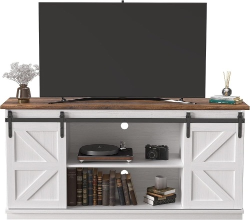 Farmhouse TV Stand with Sliding Barn Doors and Storage Cabinets for TVs up to 65 Inches - Lot 156