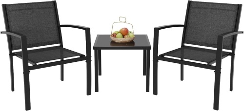3 Pieces Patio Furniture Set, Textilene Fabric Chairs and Glass Coffee Table, Black   - Lot 206