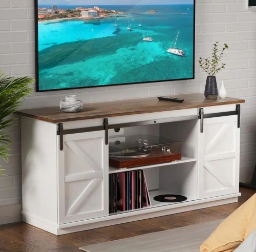 58 in. Composite TV Stand for TV's up to 65 in. with Sliding Barn Door and Adjustable Cabinets - Not White - Lot 81