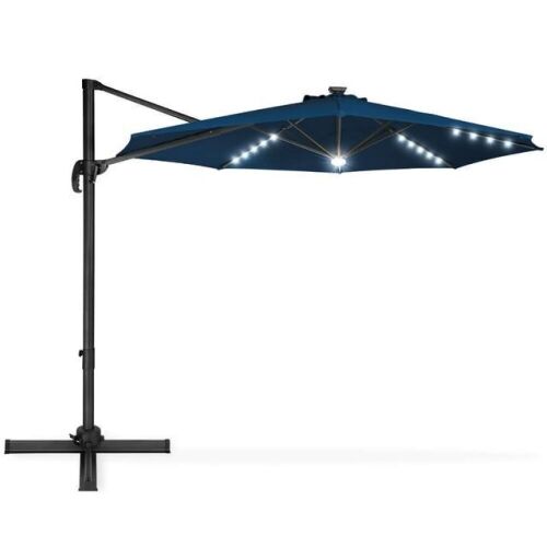 10ft 360-Degree LED Cantilever Offset Hanging Market Patio Umbrella w/ Easy Tilt, Navy Blue - Lot 269