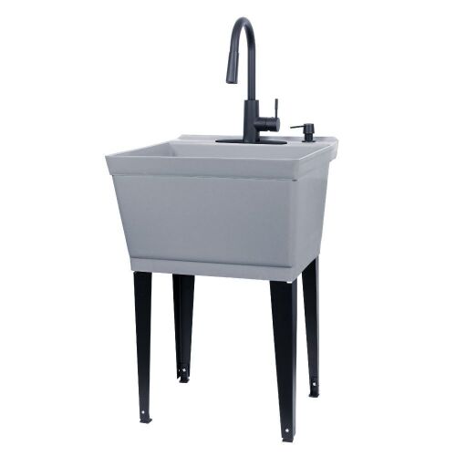 Grey Utility Sink Laundry Tub With High Arc Black Faucet - Lot 99