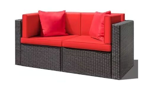 58 in. Black Wicker Outdoor Loveseat with Red Cushions  - Lot 405
