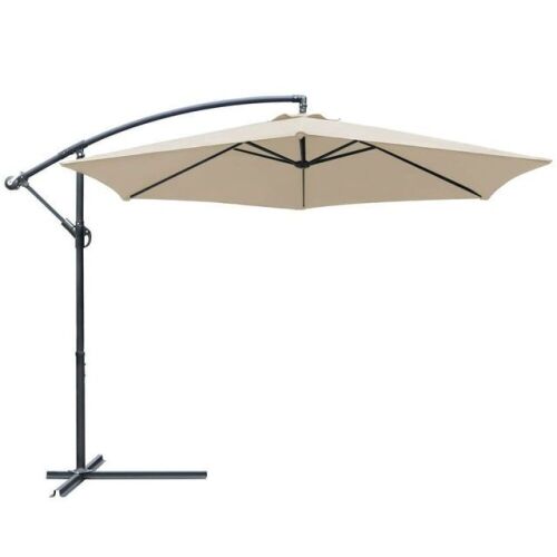 10 ft Outdoor Patio Offset Market Hanging Umbrella with Cross Base, Beige - Lot 438