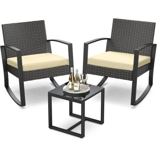 3 Piece Patio Rocking Chair Set with Glass Table, Beige Cushion - Lot 458