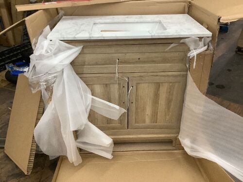 Doveton 36 in. W x 19 in. D x 34 in. H Single Sink Bath Vanity in Weathered Tan with White Engineered Marble Top - Cracked Top   - Lot 96