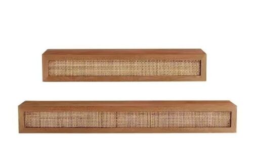 StyleWell Natural Wood Floating Wall Shelves with Rattan Caning Detail, Set of 2   - Lot 181