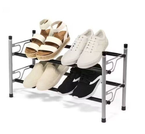 USTECH 14 in. H x 24.375 in. - 45.5 in. W 10-Pair 2-Tier Gray and Black Metal Expandable Stackable Shoe Rack - Lot 732