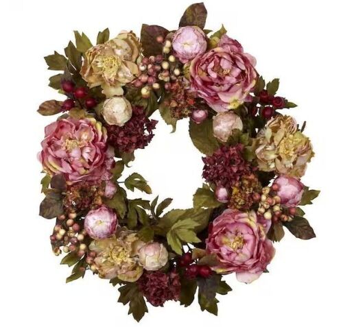 Nearly Natural 24.0 in. Artificial H Red Peony Hydrangea Wreath  - Lot 590