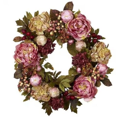 Nearly Natural 24.0 in. Artificial H Red Peony Hydrangea Wreath  - Lot 600