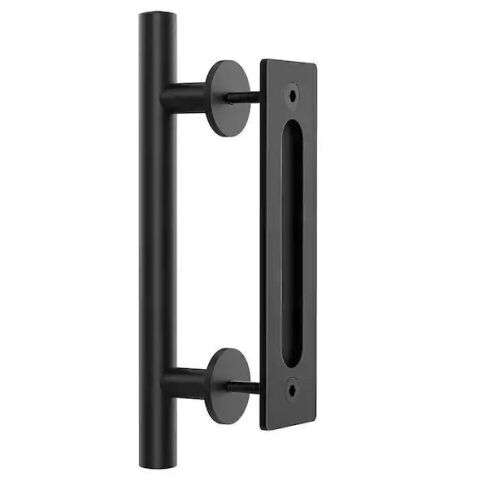 12 in. L Modern Rustic Frosted Black Sliding Barn Door Handle Pull and Flush Hardware Set  - Lot 644