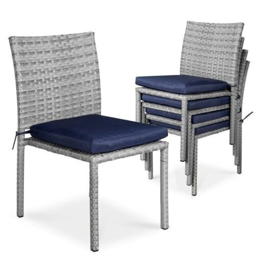 Set of 4 Stackable Outdoor Patio Wicker Chairs w/ Cushions, UV-Resistant Finish - Gray/ Navy Blue - Lot 46