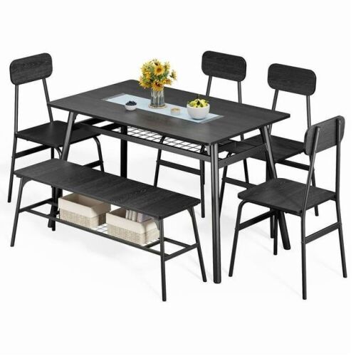 Dining Table Set for 6 with Storage Rack, Black  - Lot 34