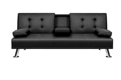 Black 66 in. Faux Leather Upholstered Convertible Folding Futon Sofa Bed 2 Cupholders  - Lot 22