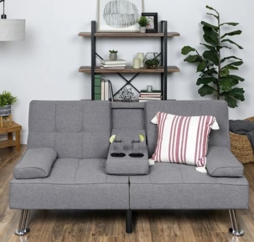 Modern Linen Convertible Futon Sofa Bed w/ Removable Armrests, Metal Legs, Cupholders - Gray $329.99 - Lot 110