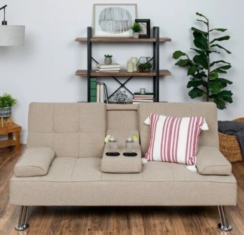 Modern Linen Convertible Futon Sofa Bed w/ Removable Armrests, Metal Legs, Cupholders - Beige $319.99 - Lot 111