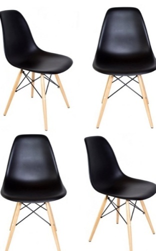 Set of 4 DSW Molded Black Plastic Dining Shell Chair with Wood Eiffel Legs - Lot 174