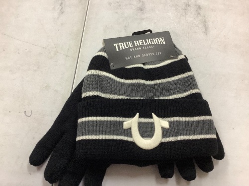 True Religion Beanie Hat and Gloves Set, Cuffed Winter Knit Cap  - Lot 182