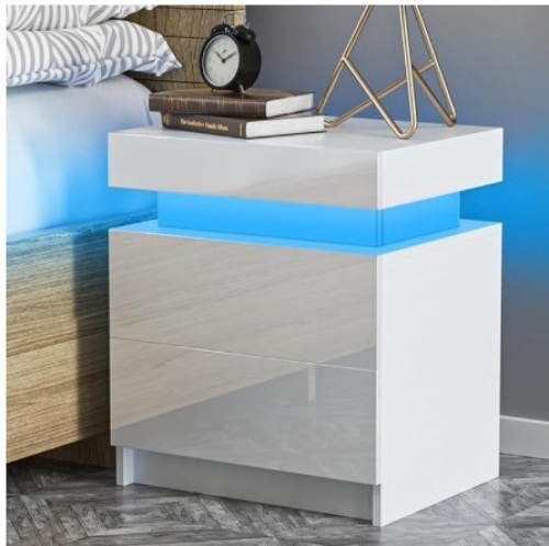 HOMMPA LED Nightstand White Nightstand with Led Lights Modern Night Stand with 2 High Gloss Drawers Led Bedside Table Smart Nightstand for Bedroom 20.5” Tall - Lot 196