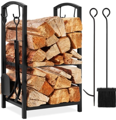 5-Piece Firewood Log Rack Holder Tools Set w/ Hook, Broom, Shovel, Tongs - Lot 161